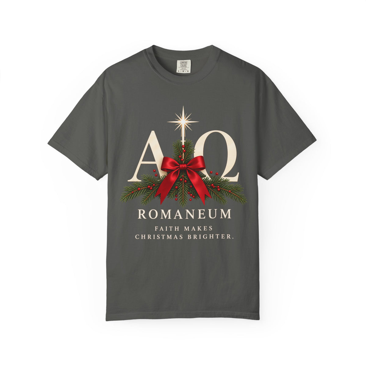 Alpha Omega Christmas T‑Shirt — "Romaneum: Faith Makes Christmas Brighter"
