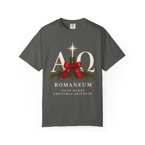 Alpha Omega Christmas T‑Shirt — "Romaneum: Faith Makes Christmas Brighter"