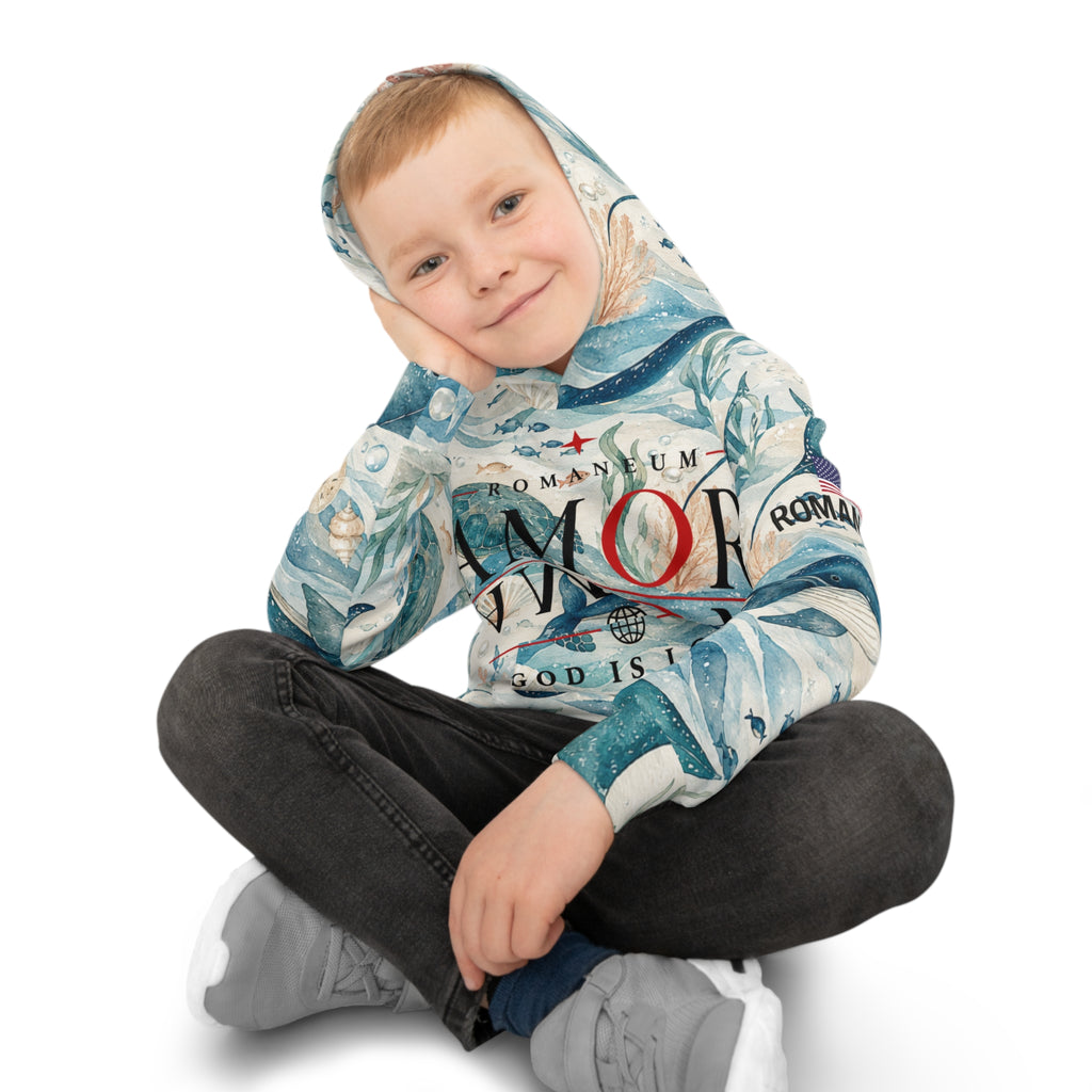 Children's All-Over-Print Hoodie — Whale & Ocean Watercolor "Amor Roma" Design (God Is Love)
