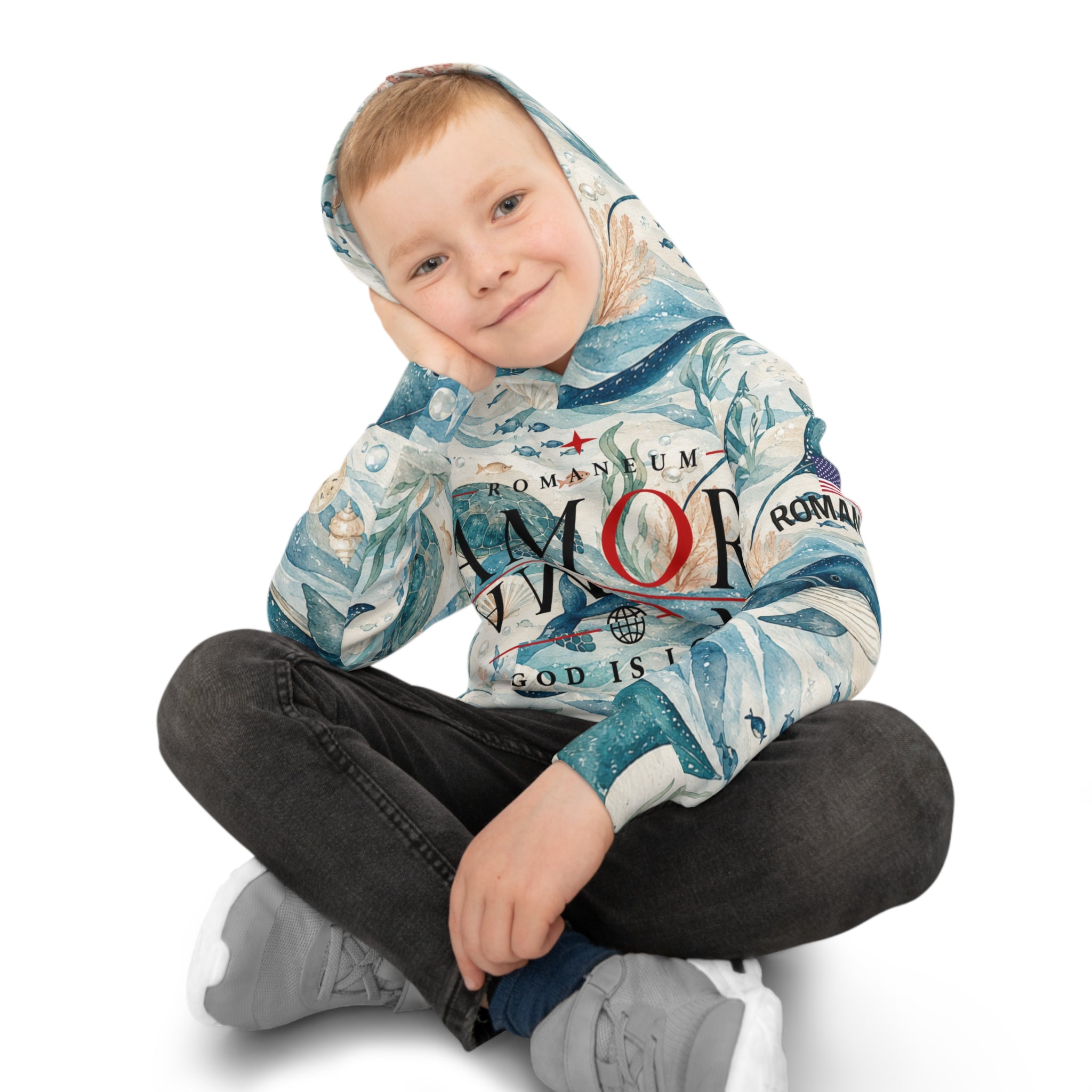 Children's All-Over-Print Hoodie — Whale & Ocean Watercolor "Amor Roma" Design (God Is Love)
