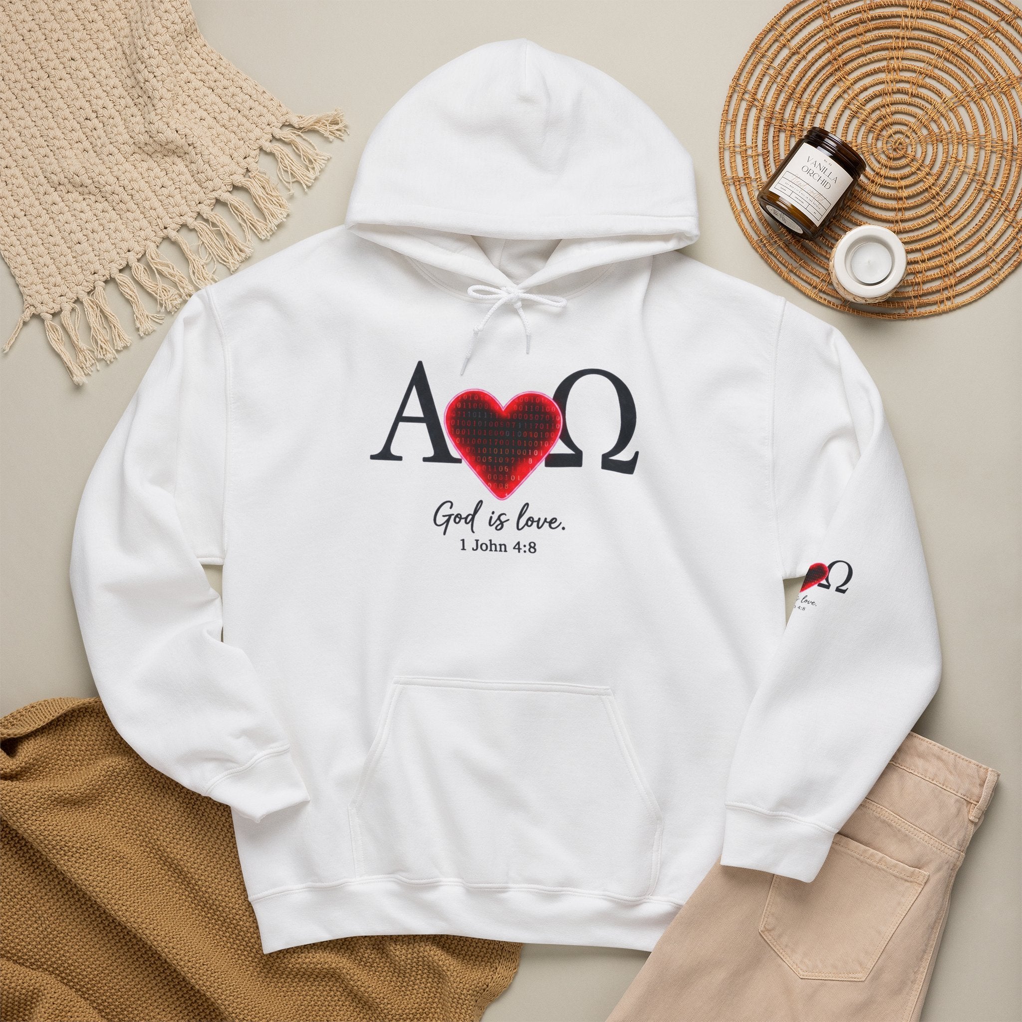 Romaneum Alpha Omega Heart Hoodie | God is Love 1 John 4:8 Christian Hoodie