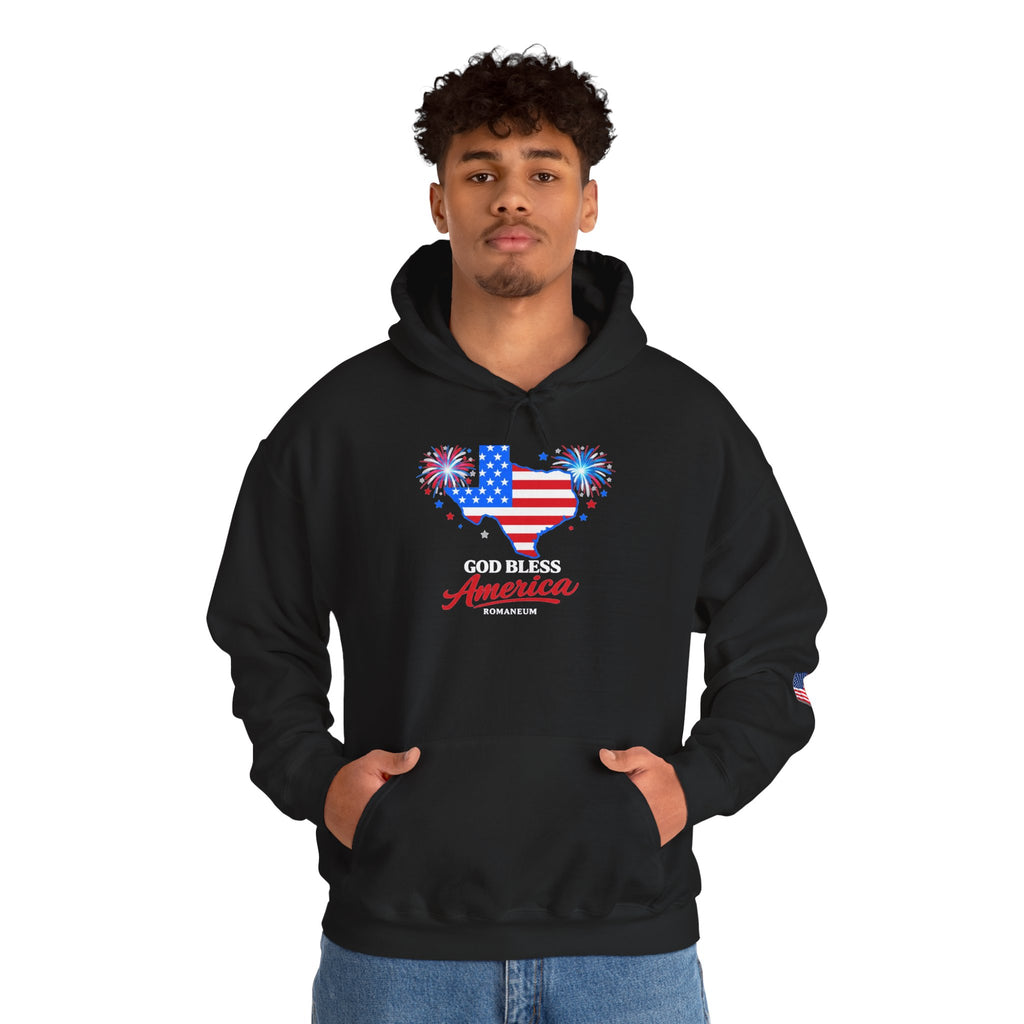 Romaneum God Bless America flag map Hoodie | American flag fireworks sleeve