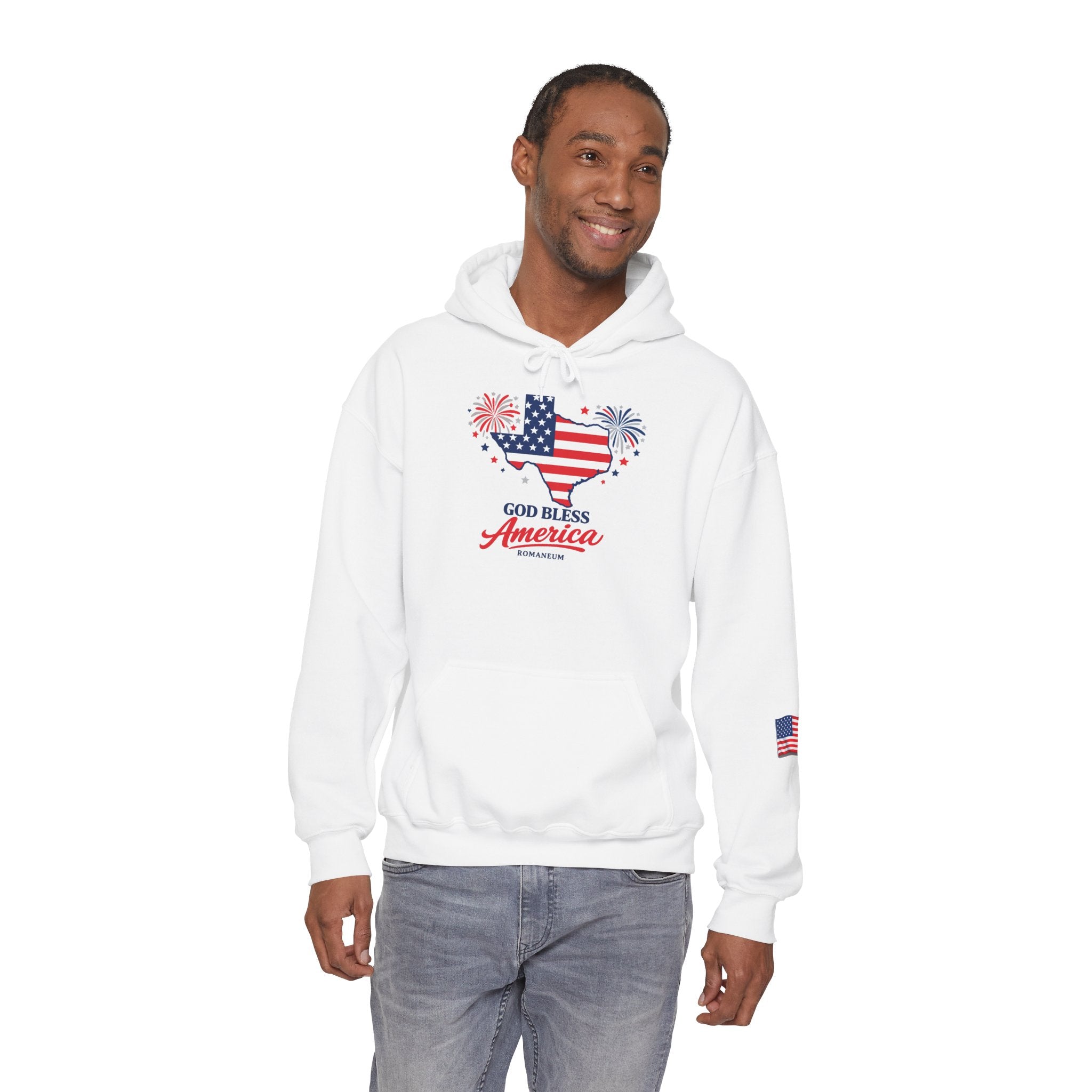 Romaneum God Bless America flag map Hoodie | American flag fireworks sleeve