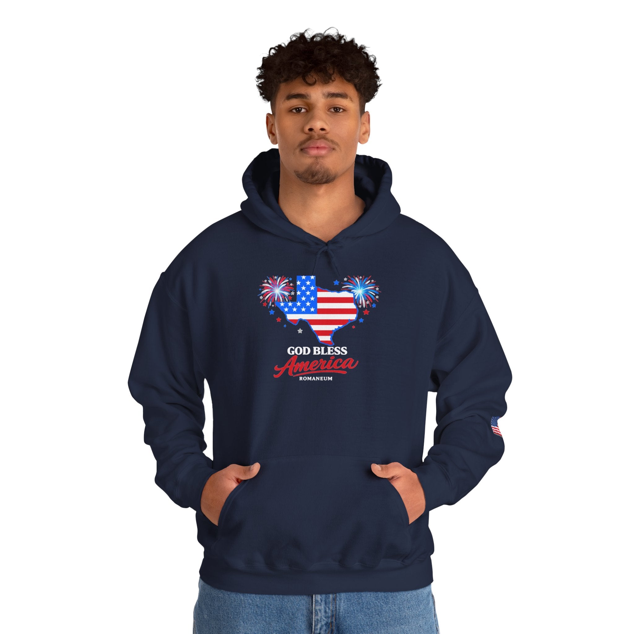 Romaneum God Bless America flag map Hoodie | American flag fireworks sleeve