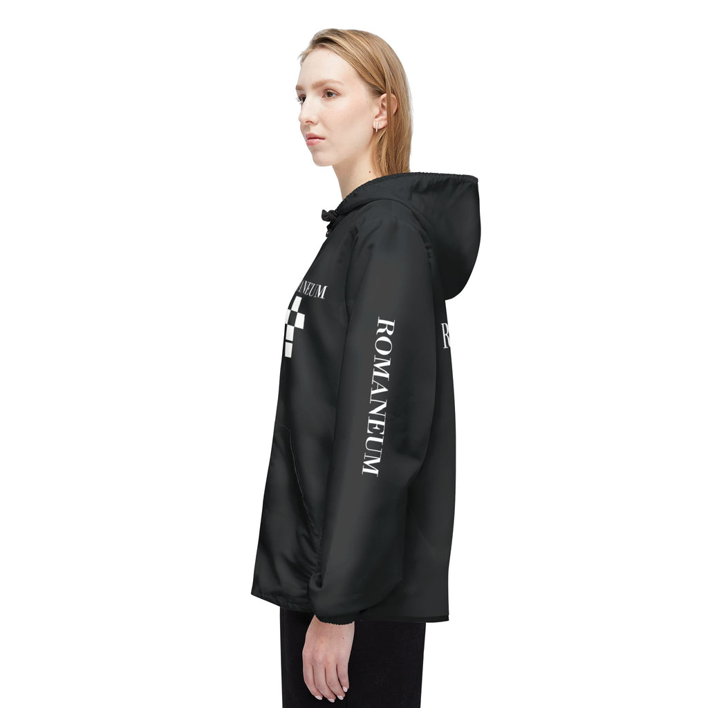 Romanæum Black Windbreaker Jacket — Minimal Logo Hooded Shell