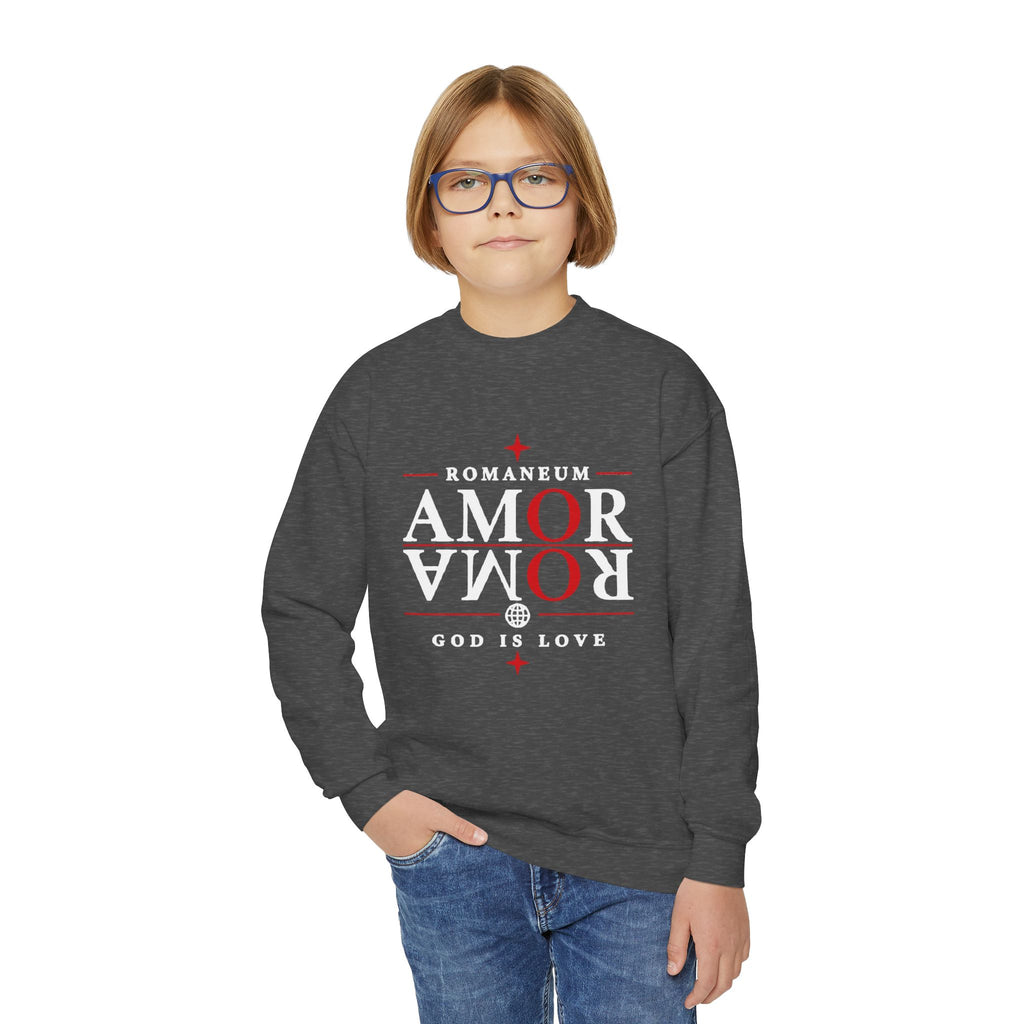 Romaneum Amor Crewneck Sweatshirt — “AMOR/ROMA” God Is Love Youth Pullover