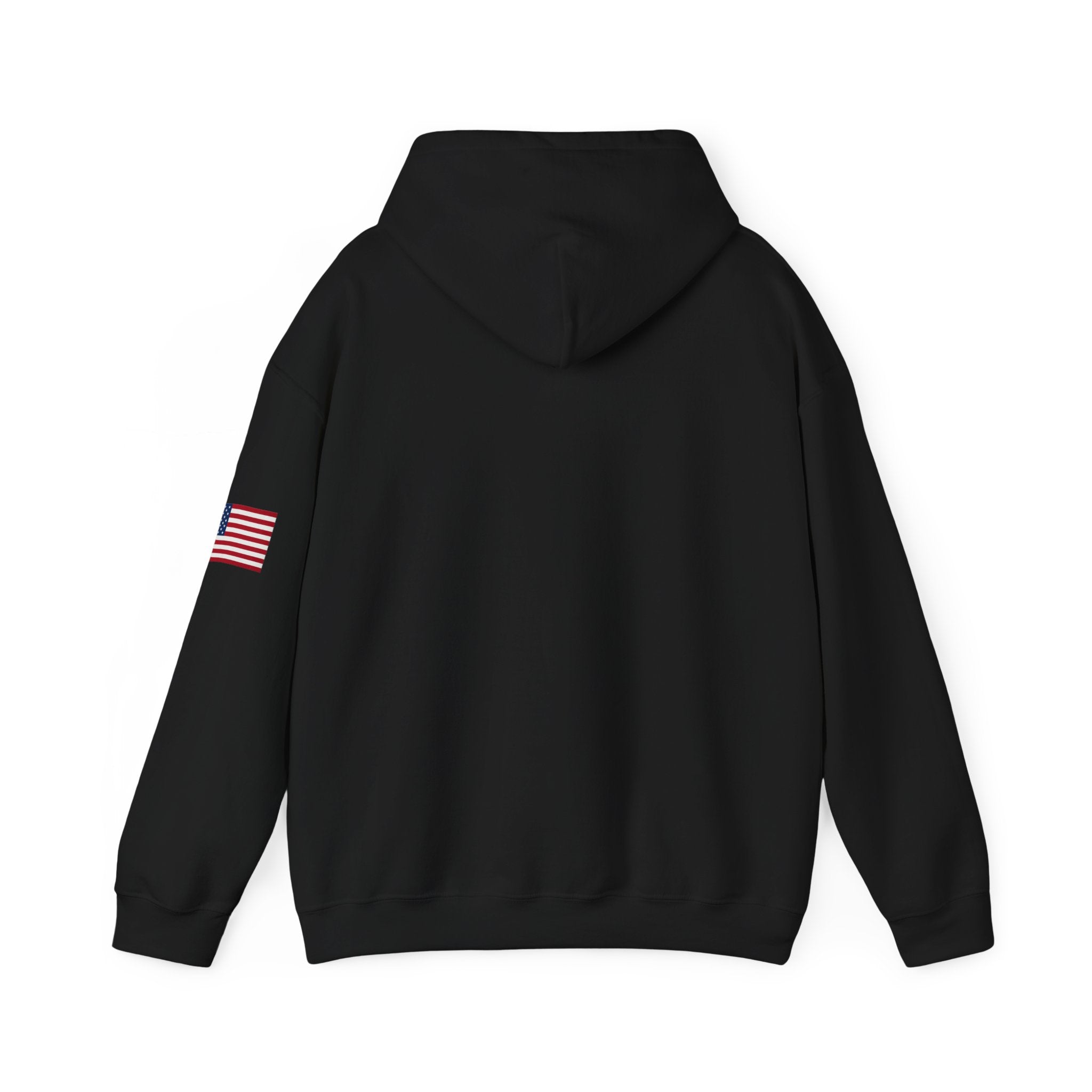 Romaneum Pixel Cross Hoodie | Small Black Cross, American Flag Sleeve