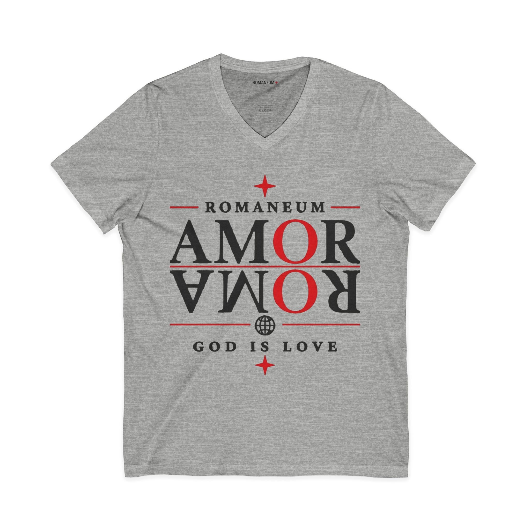 Romaneum "Amor/Roma" V-Neck Tee — God Is Love Christian Graphic Shirt