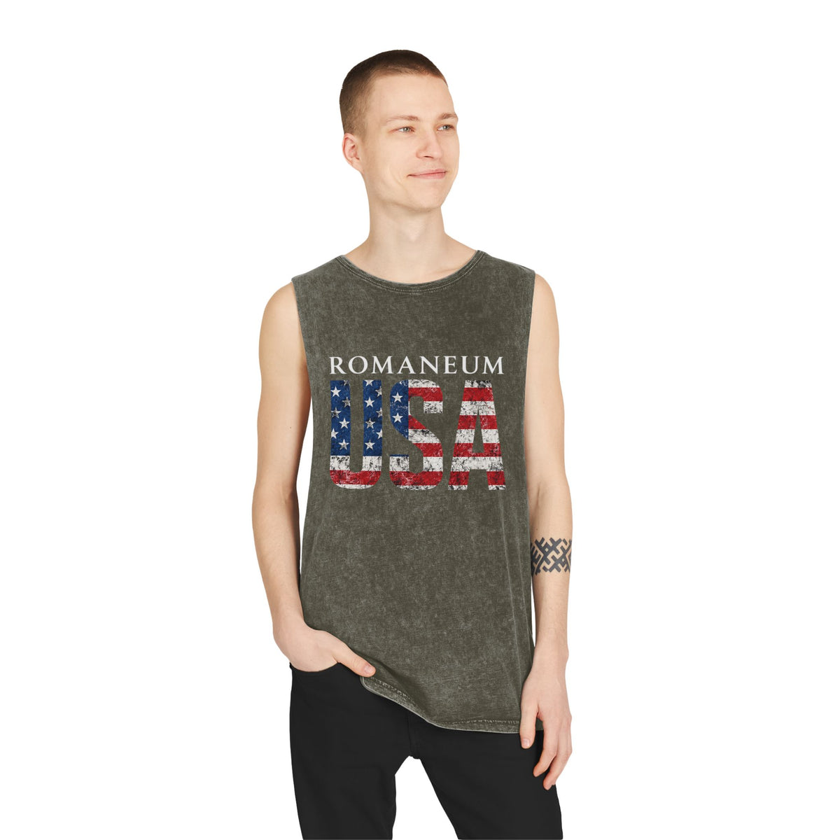 Romanеum USA Stonewash Tank — Vintage American Flag Muscle Tee