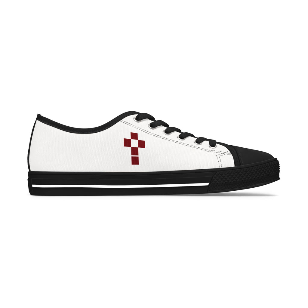 White Low Top Sneakers with Burgundy Pixel Cross — Women's Casual Canvas Shoes
