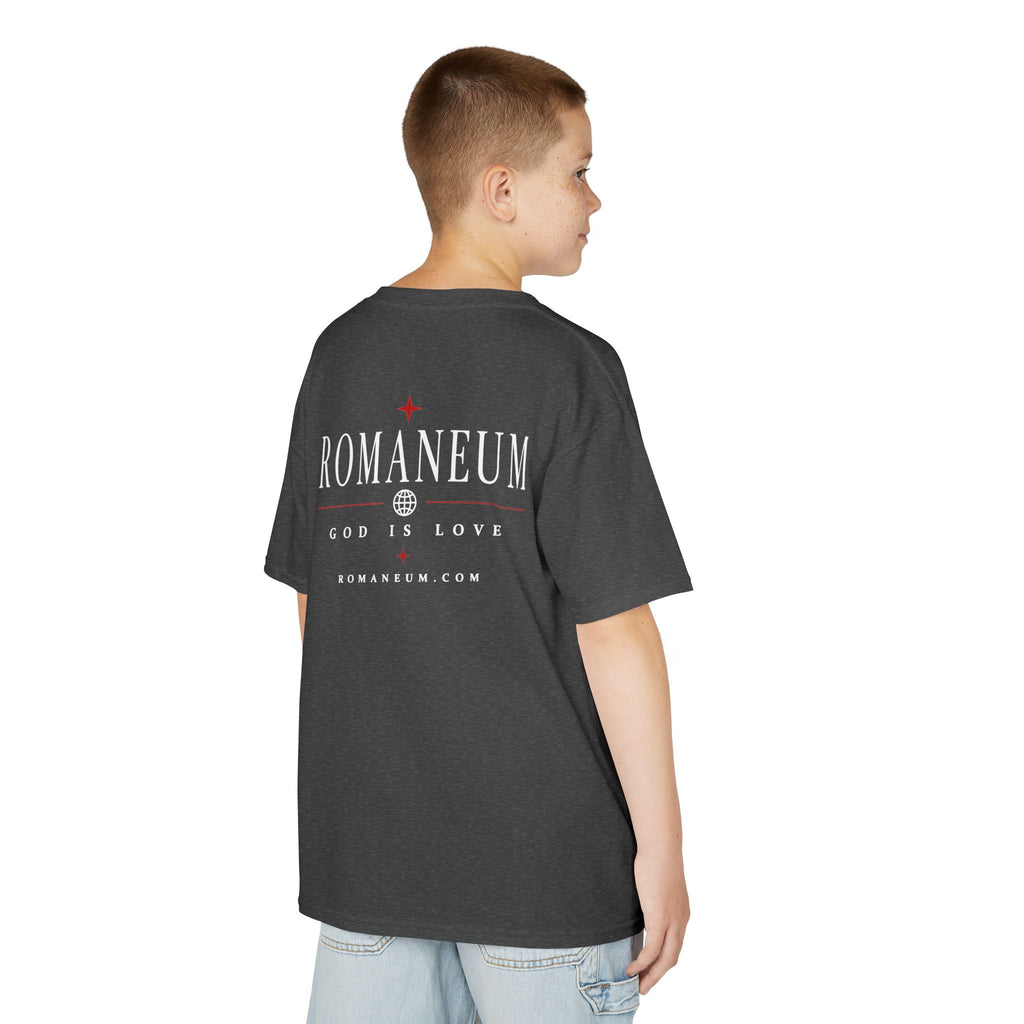 Kids Tee — "Amor Roma / God is Love" Religious Graphic Shirt