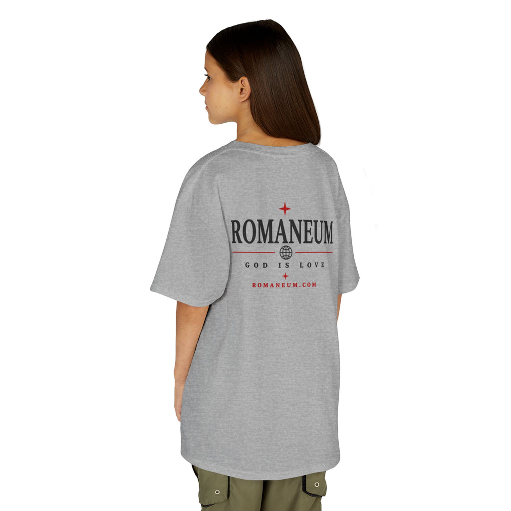 Kids Tee — "Amor Roma / God is Love" Religious Graphic Shirt