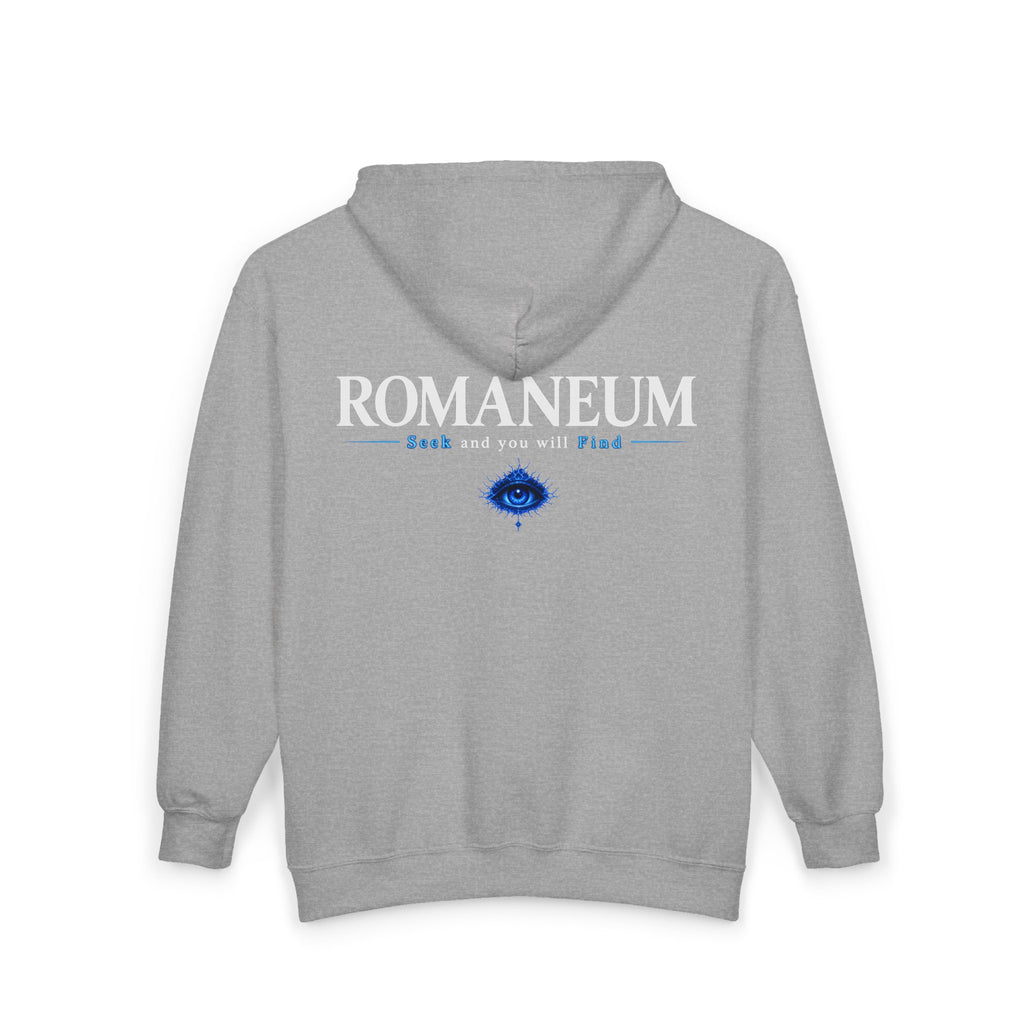 Romaneum Zip Hoodie — "Seek and you will Find" Gothic Logo