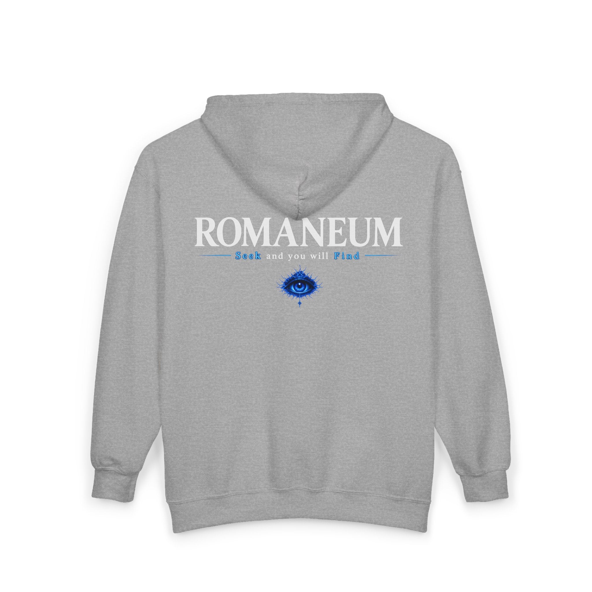 Romaneum Zip Hoodie — "Seek and you will Find" Gothic Logo