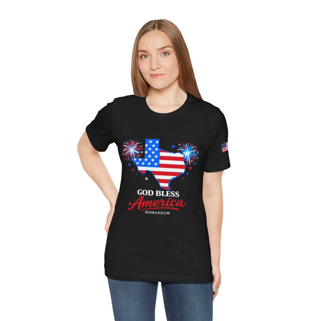 Romaneum God Bless America map tee | American flag outline, fireworks, patriotic shirt