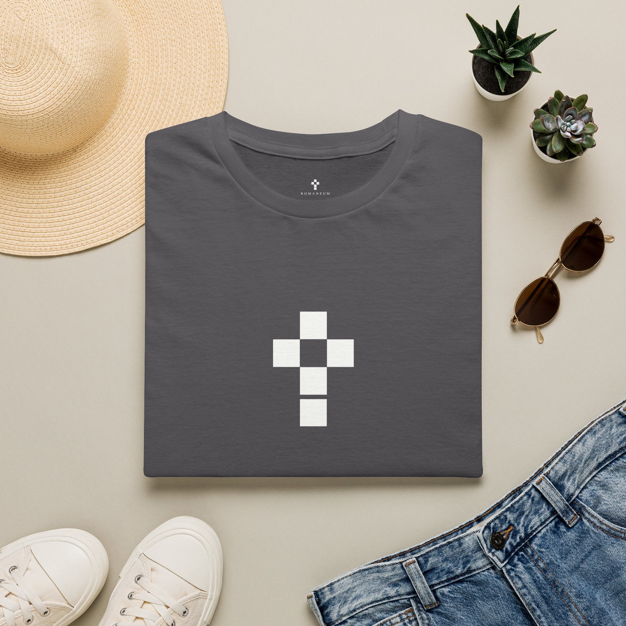 Romaneum Minimal Pixel Cross T-Shirt | Small Black Geometric Cross