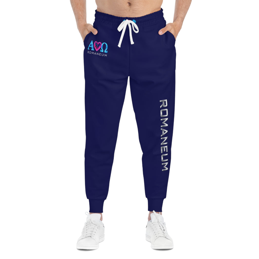 Romaneum Navy Athletic Joggers — Logo Track Pants with Side Text