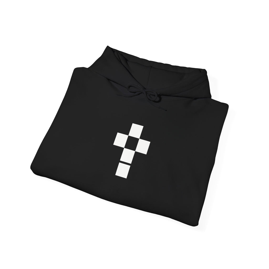 Romaneum Pixel Cross Hoodie | Small Black Cross, American Flag Sleeve