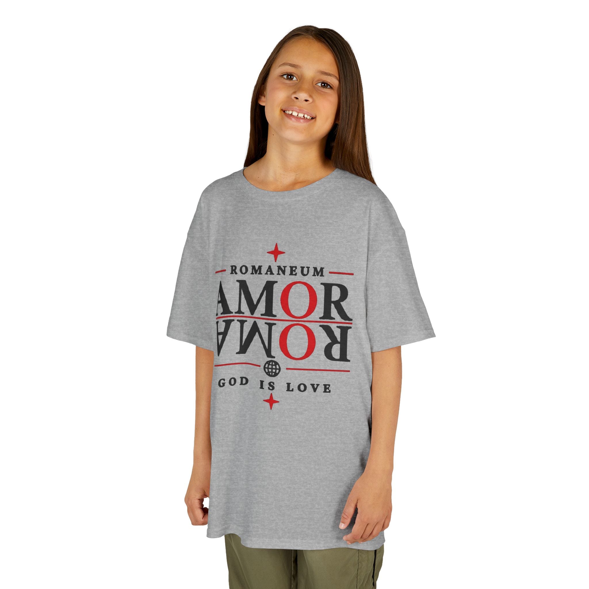 Kids Tee — "Amor Roma / God is Love" Religious Graphic Shirt