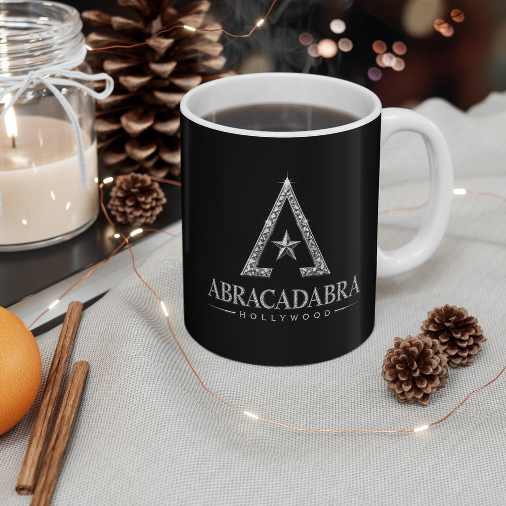 Abracadabra Hollywood Logo Mug — 11oz Black Ceramic Coffee Cup