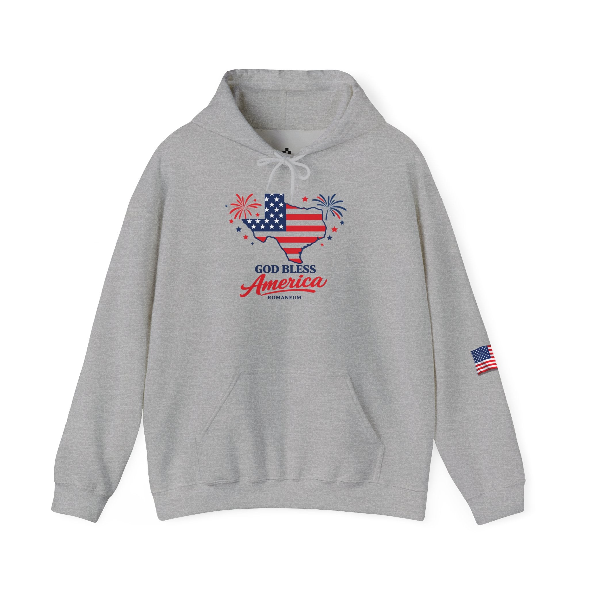 Romaneum God Bless America flag map Hoodie | American flag fireworks sleeve