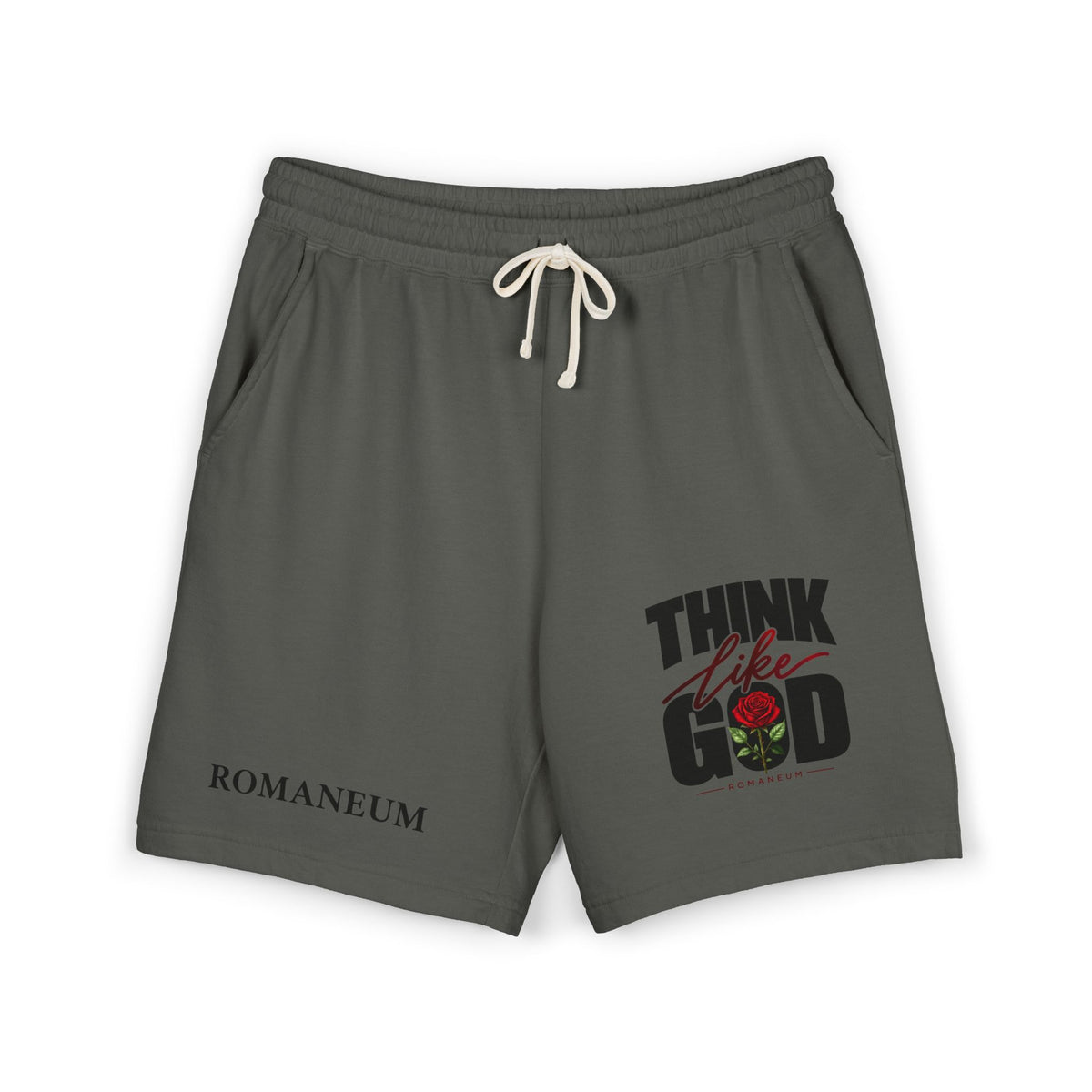 Think Like God Sweat Shorts — Graphic Fleece Lounge Shorts (Romaneum)