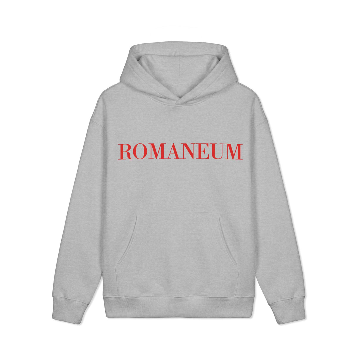 Romaneum Logo Hoodie — Minimalist Cream Pullover with Red Text