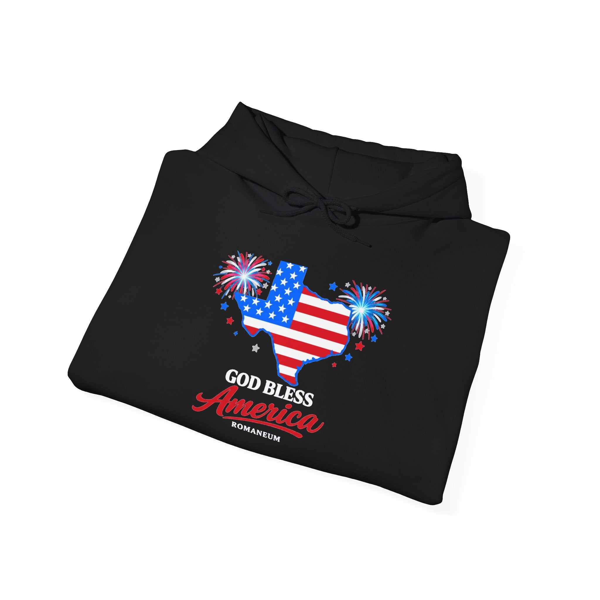 Romaneum God Bless America flag map Hoodie | American flag fireworks sleeve