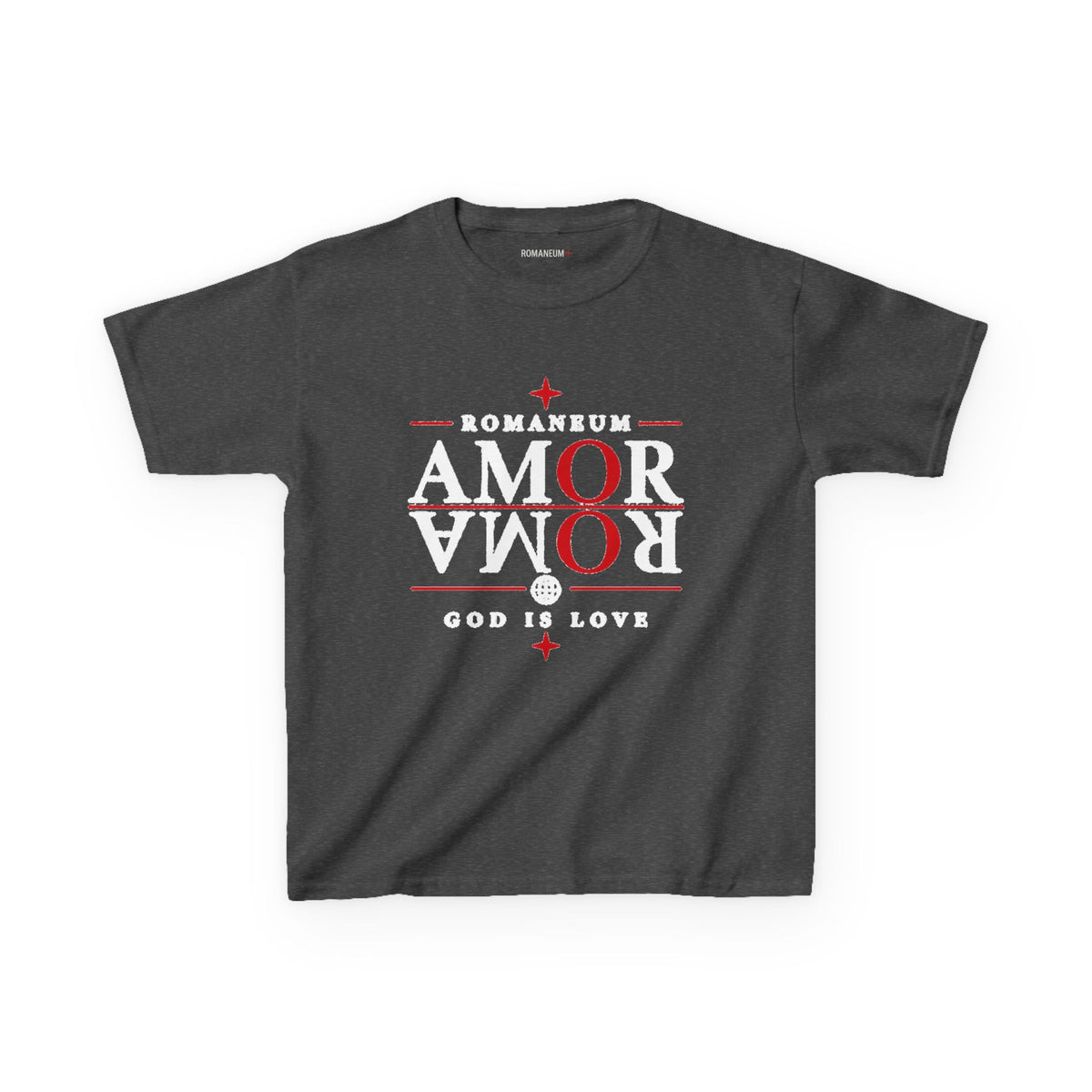 Kids Tee — "Amor Roma / God is Love" Religious Graphic Shirt