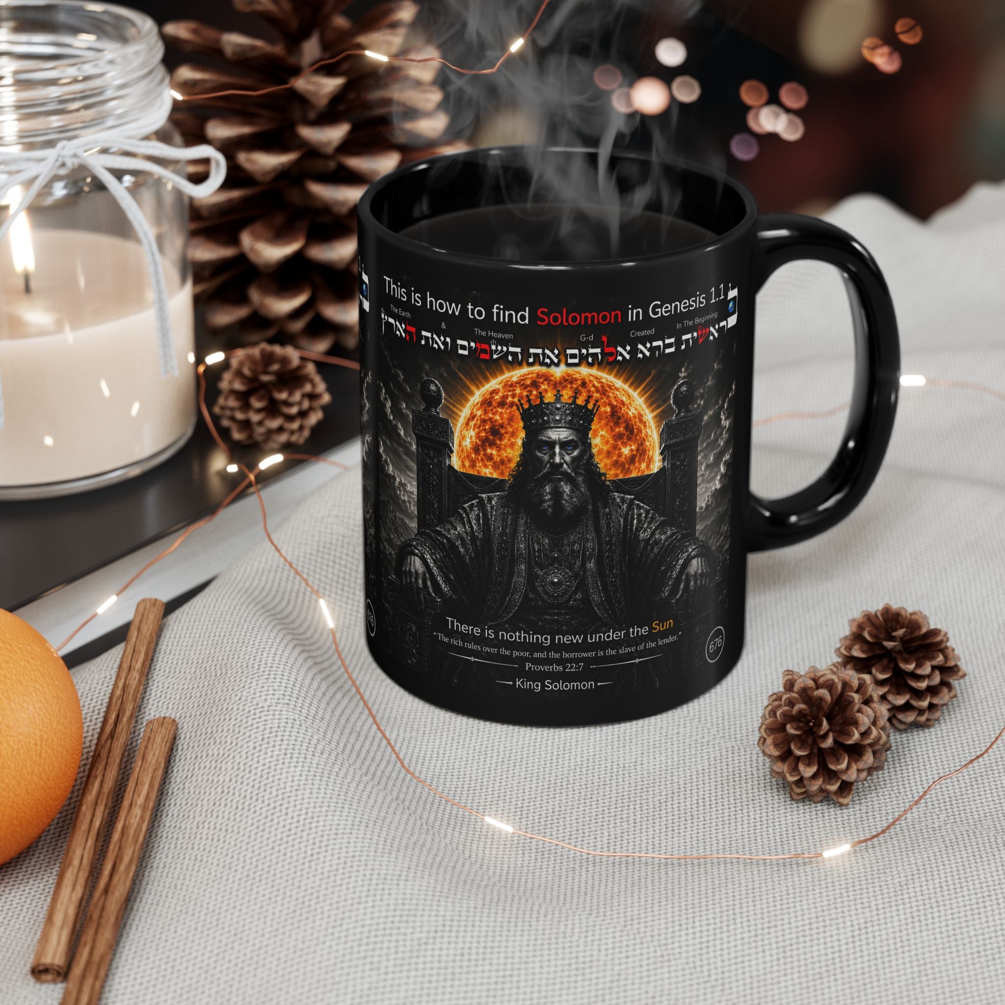 Black Mug - King Solomon Design Coffee Mug with Hebrew Text and Scripture Quote