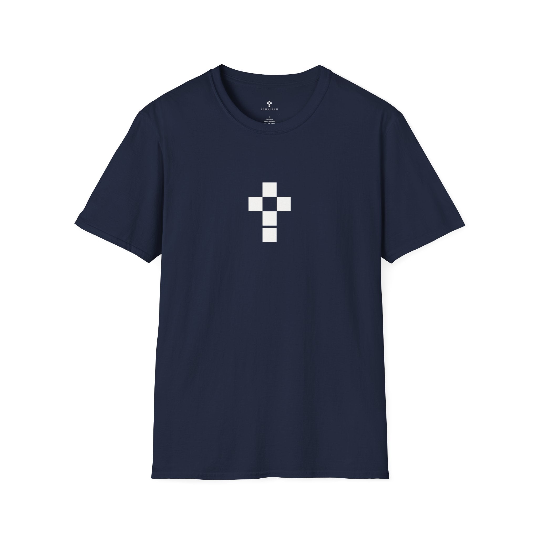 Romaneum Minimal Pixel Cross T-Shirt | Small Black Geometric Cross