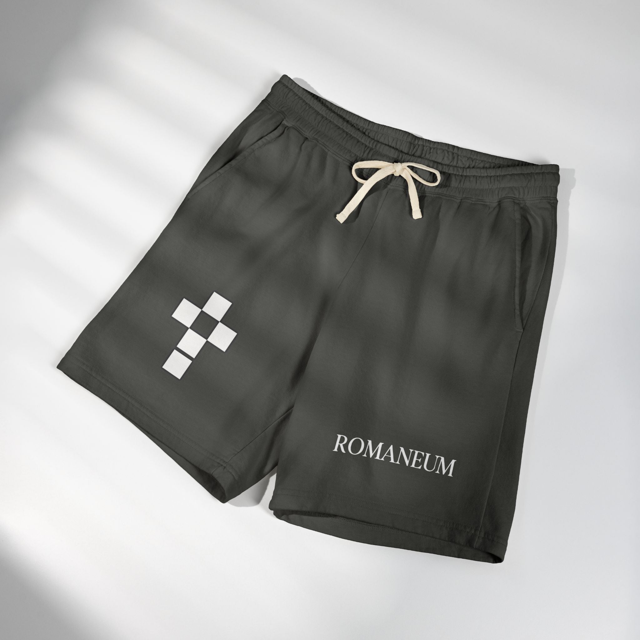 Romaneum Logo Fleece Sweat Shorts — Casual Athletic Lounge Shorts