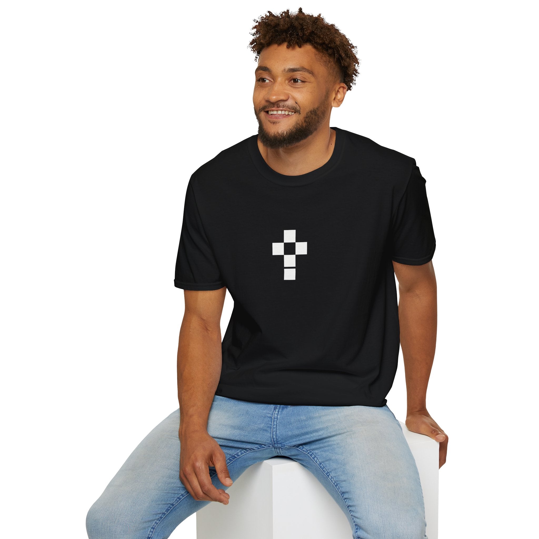 Romaneum Minimal Pixel Cross T-Shirt | Small Black Geometric Cross