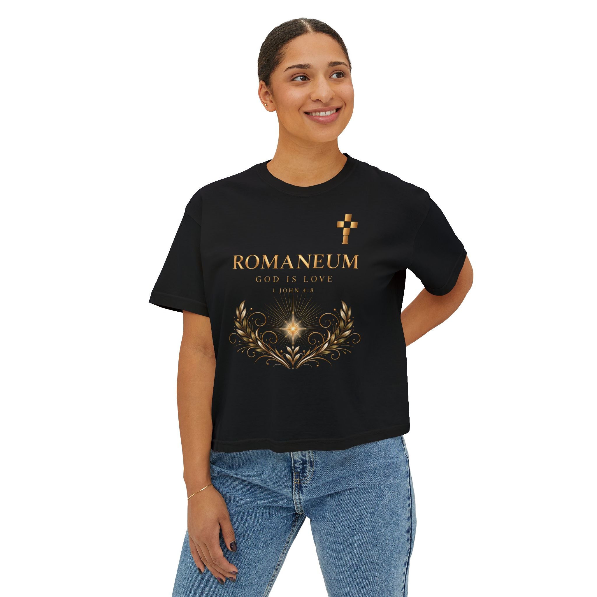 Romaneum Women's Boxy Tee — Gold Cross & Heart Spiritual Graphic