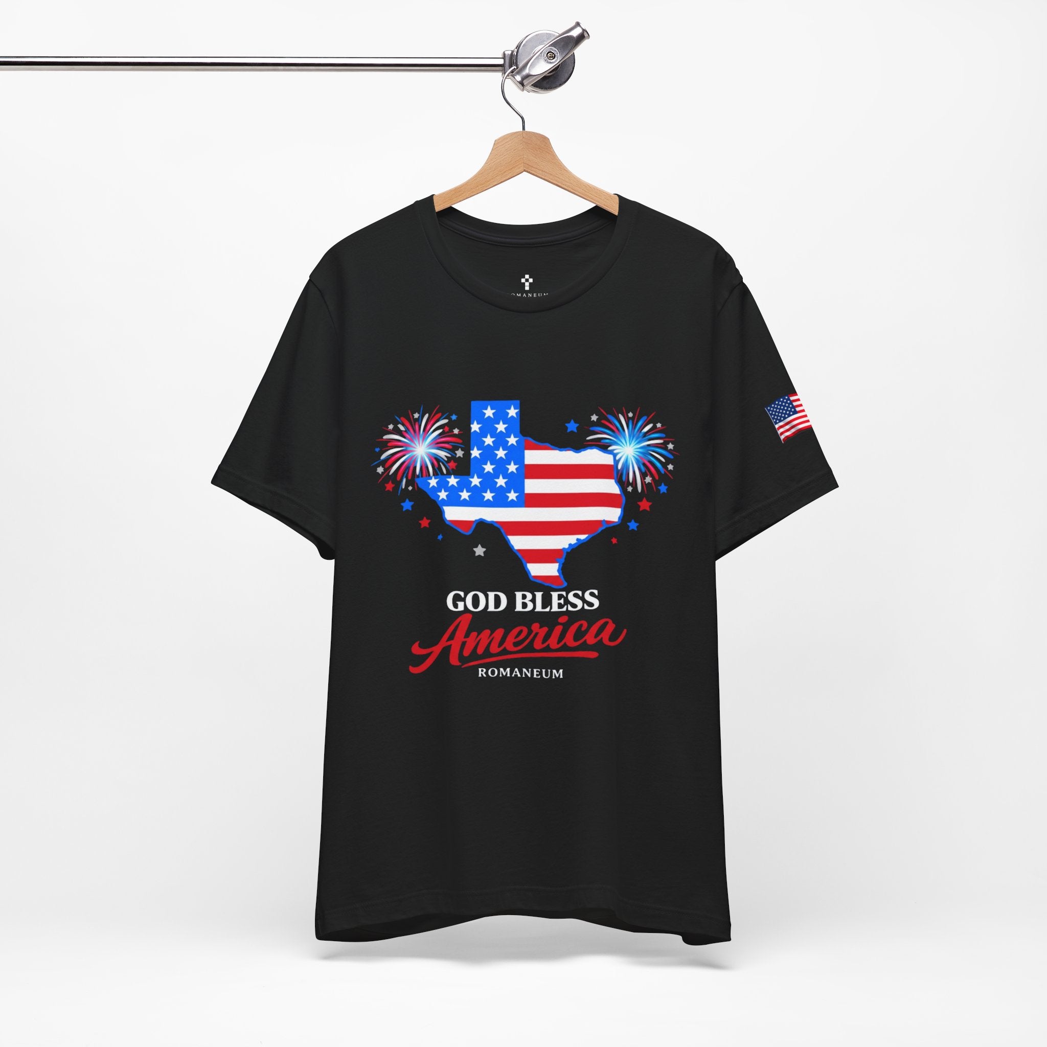 Romaneum God Bless America map tee | American flag outline, fireworks, patriotic shirt
