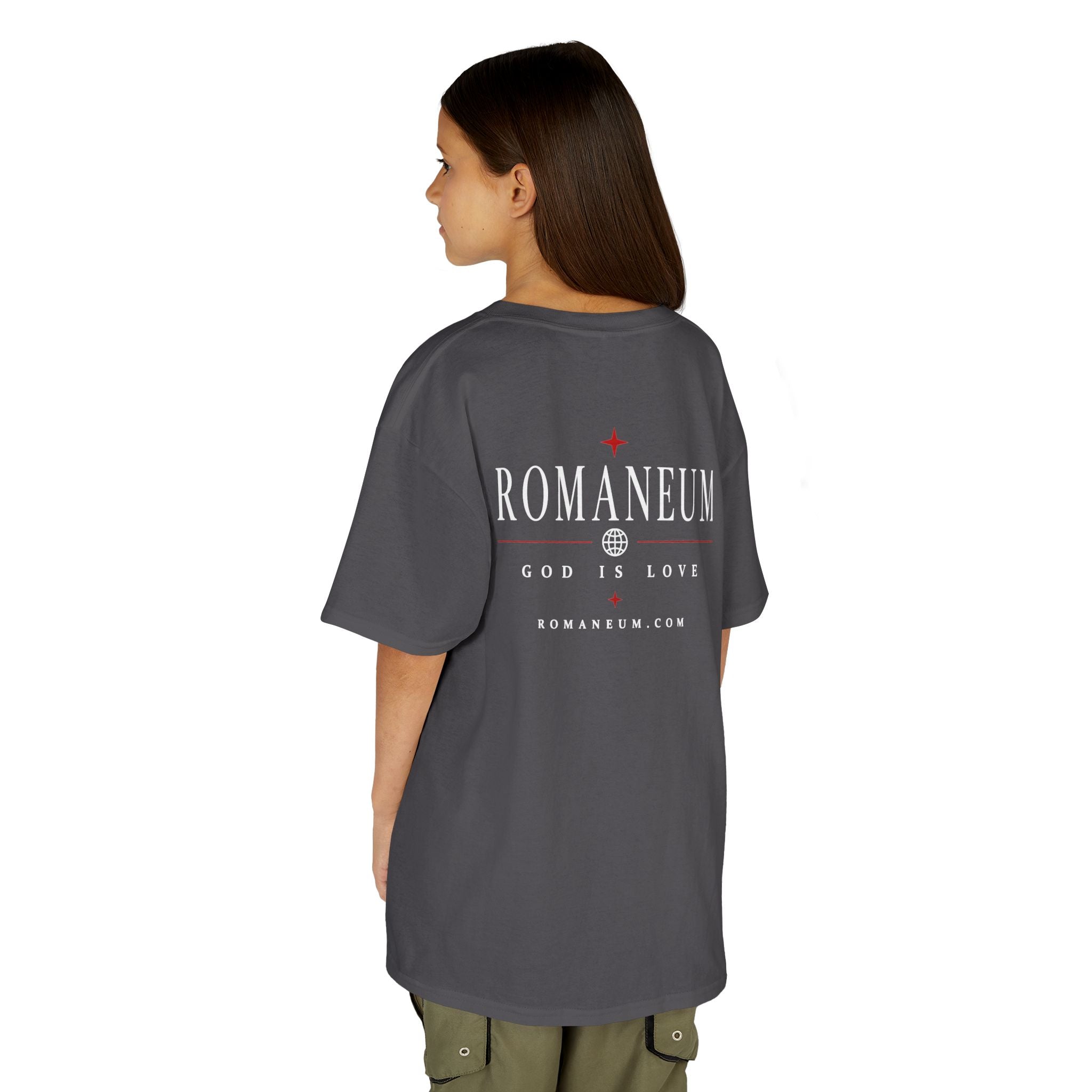 Kids Tee — "Amor Roma / God is Love" Religious Graphic Shirt