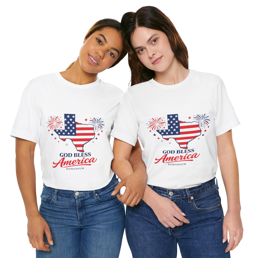 Romaneum God Bless America map tee | American flag outline, fireworks, patriotic shirt