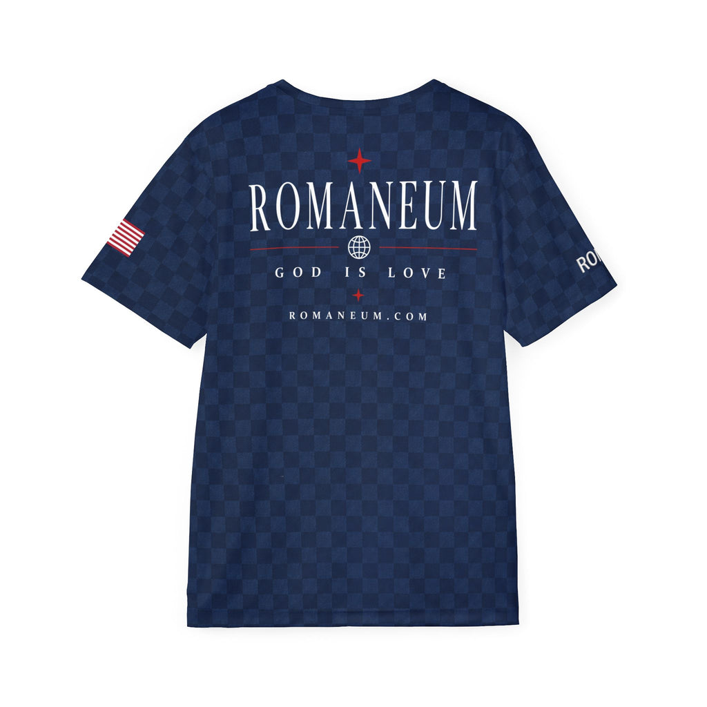 Romaneum Navy Sports Jersey — 'ROMANEUM • GOD IS LOVE' Athletic Tee