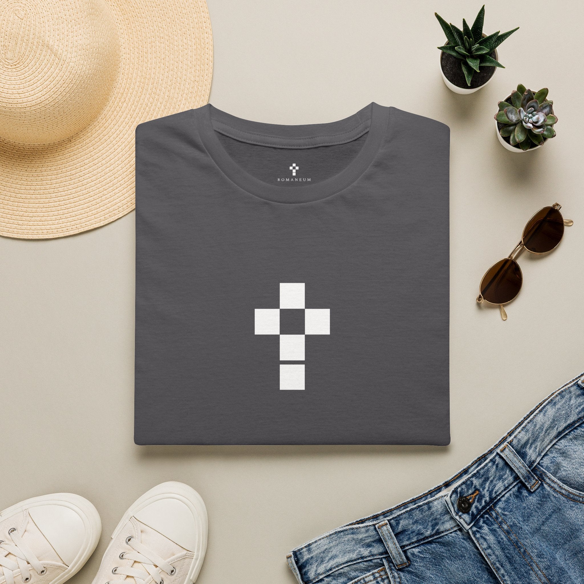 Romaneum Minimal Pixel Cross T-Shirt | Small Geometric Church Symbol