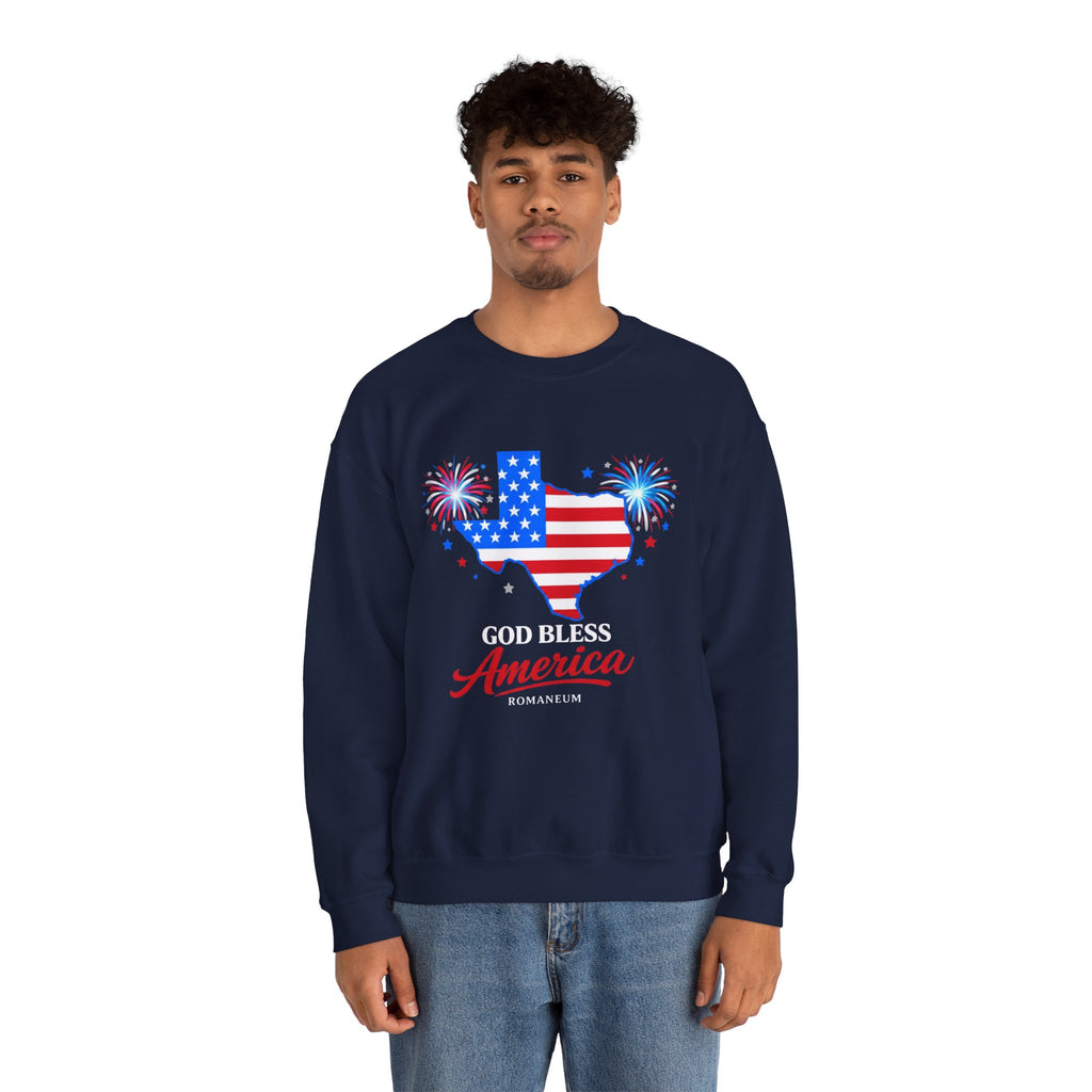 Romaneum God Bless America Flag Heart sweatshirt | Patriotic 4th of July crewneck