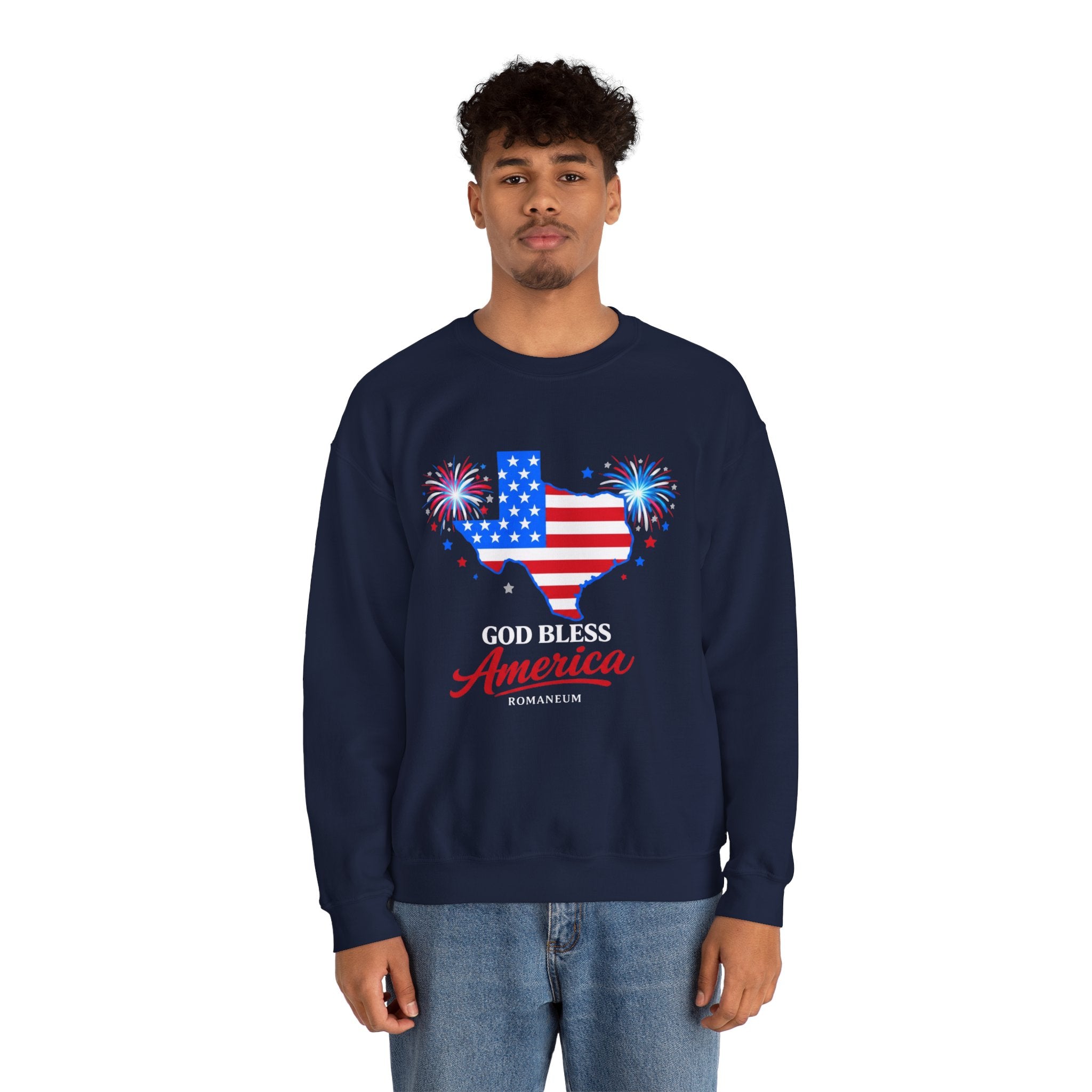 Romaneum God Bless America Flag Heart sweatshirt | Patriotic 4th of July crewneck