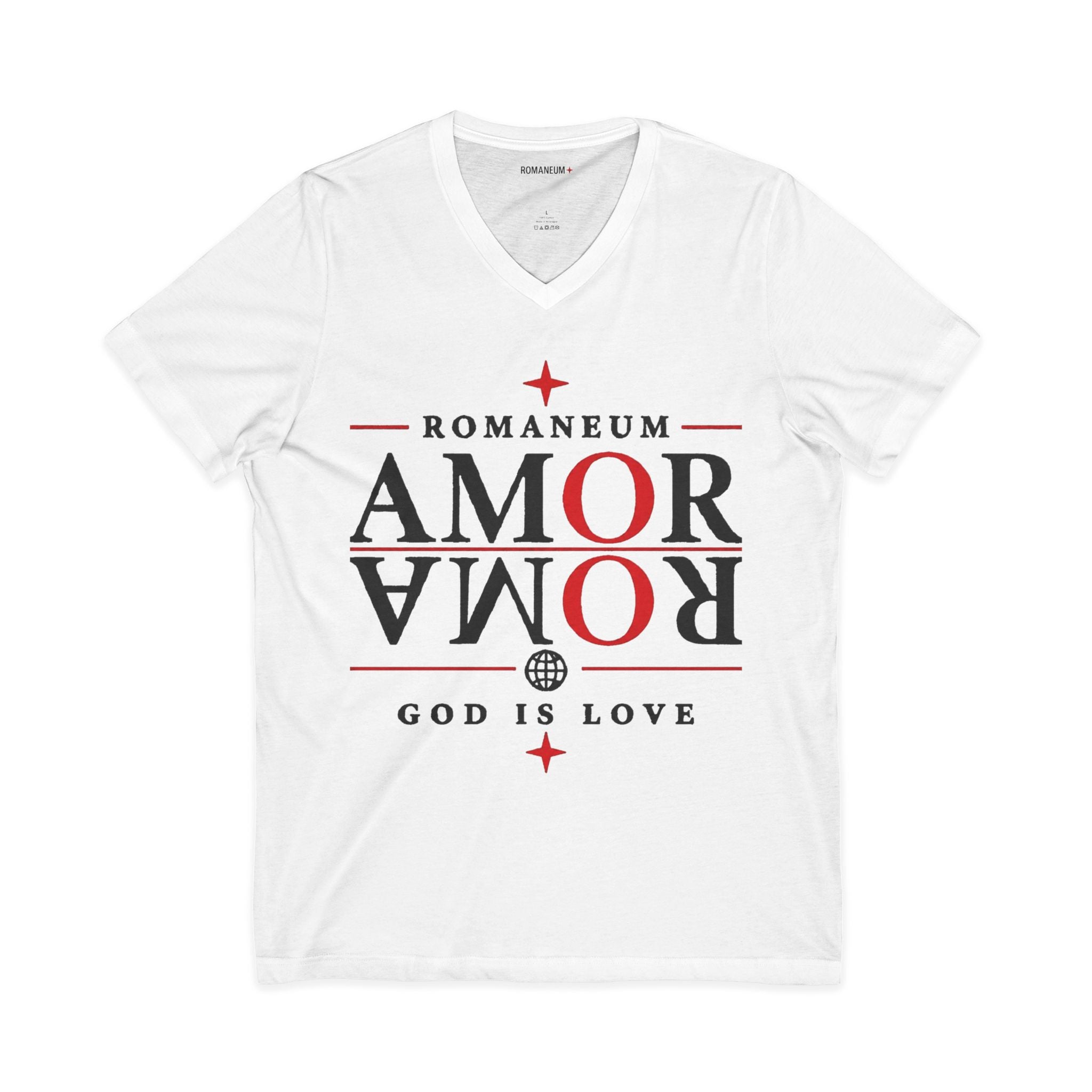 Romaneum "Amor/Roma" V-Neck Tee — God Is Love Christian Graphic Shirt