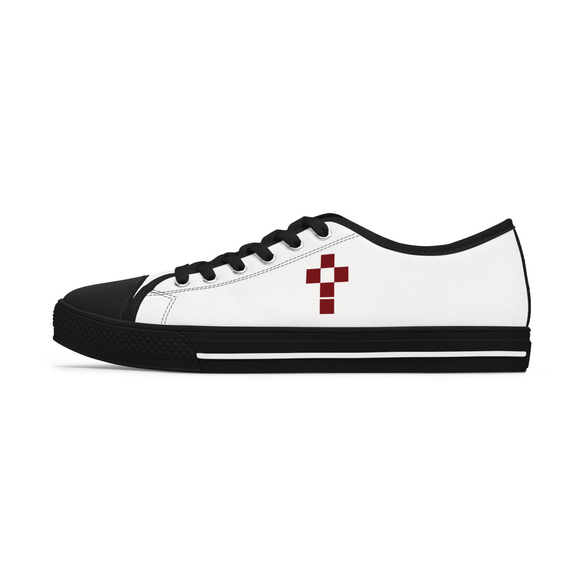 White Low Top Sneakers with Burgundy Pixel Cross — Women's Casual Canvas Shoes