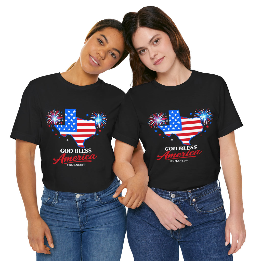 Romaneum God Bless America map tee | American flag outline, fireworks, patriotic shirt