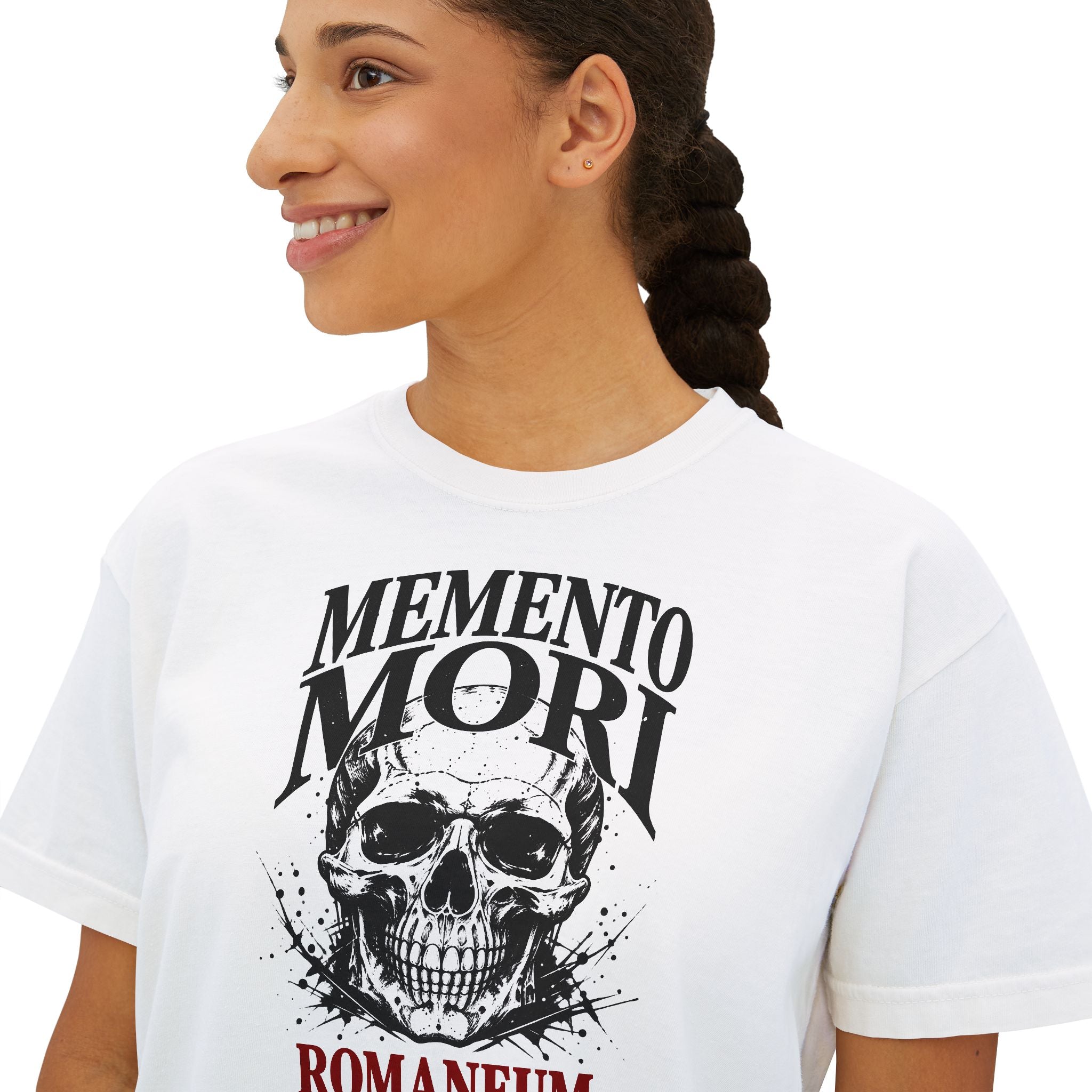 Memento Mori Boxy Tee — Vintage Skull Romaneum Graphic Shirt