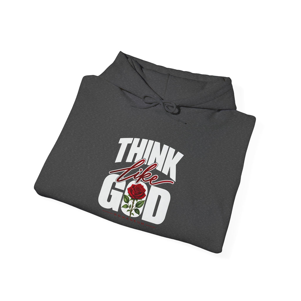 Think Like God Hoodie — Graphic Religious Pullover with Romaneum Sleeve Print