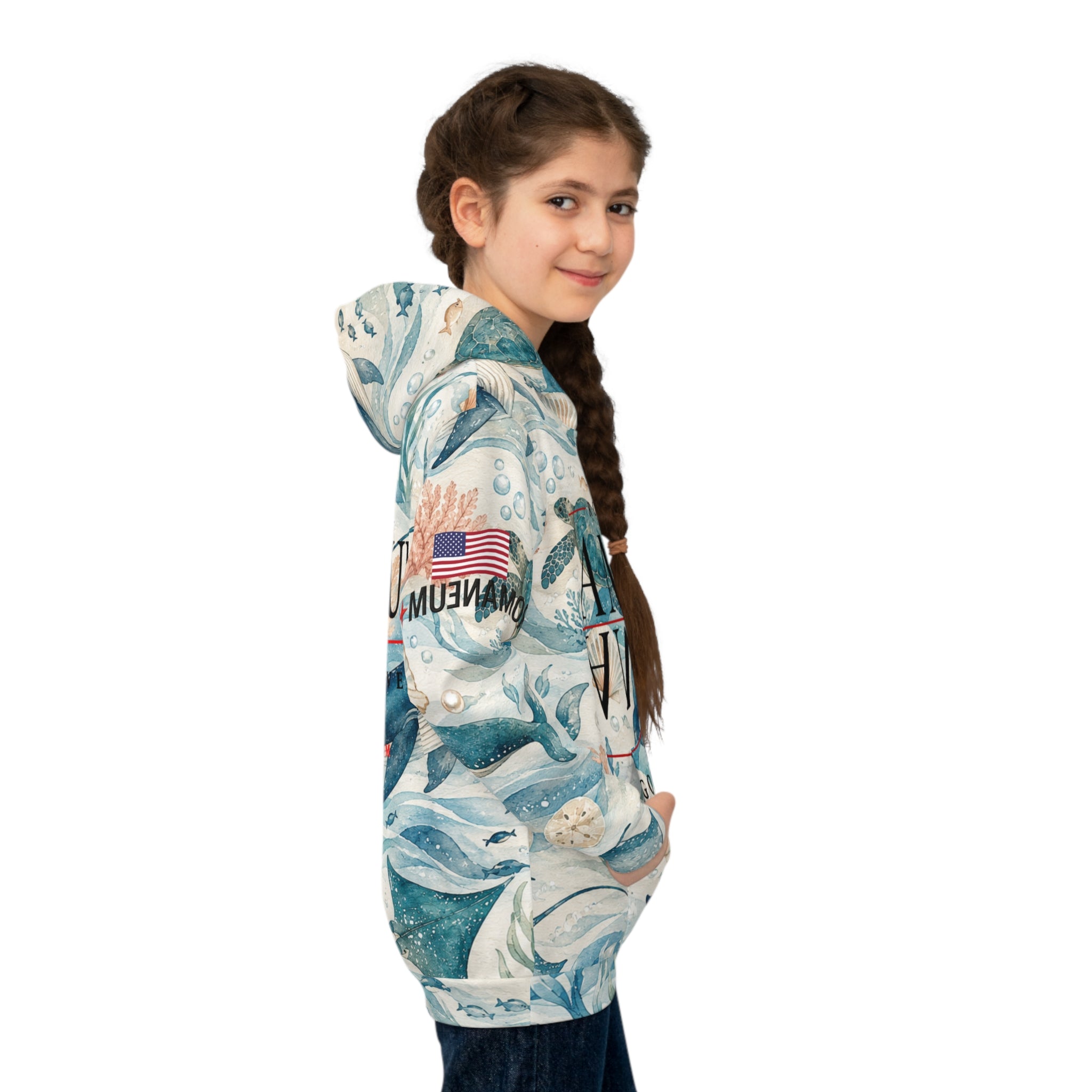 Children's All-Over-Print Hoodie — Whale & Ocean Watercolor "Amor Roma" Design (God Is Love)