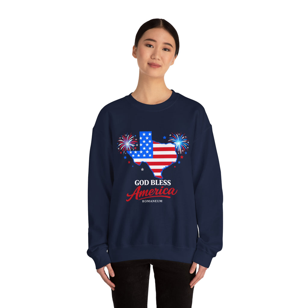 Romaneum God Bless America Flag Heart sweatshirt | Patriotic 4th of July crewneck