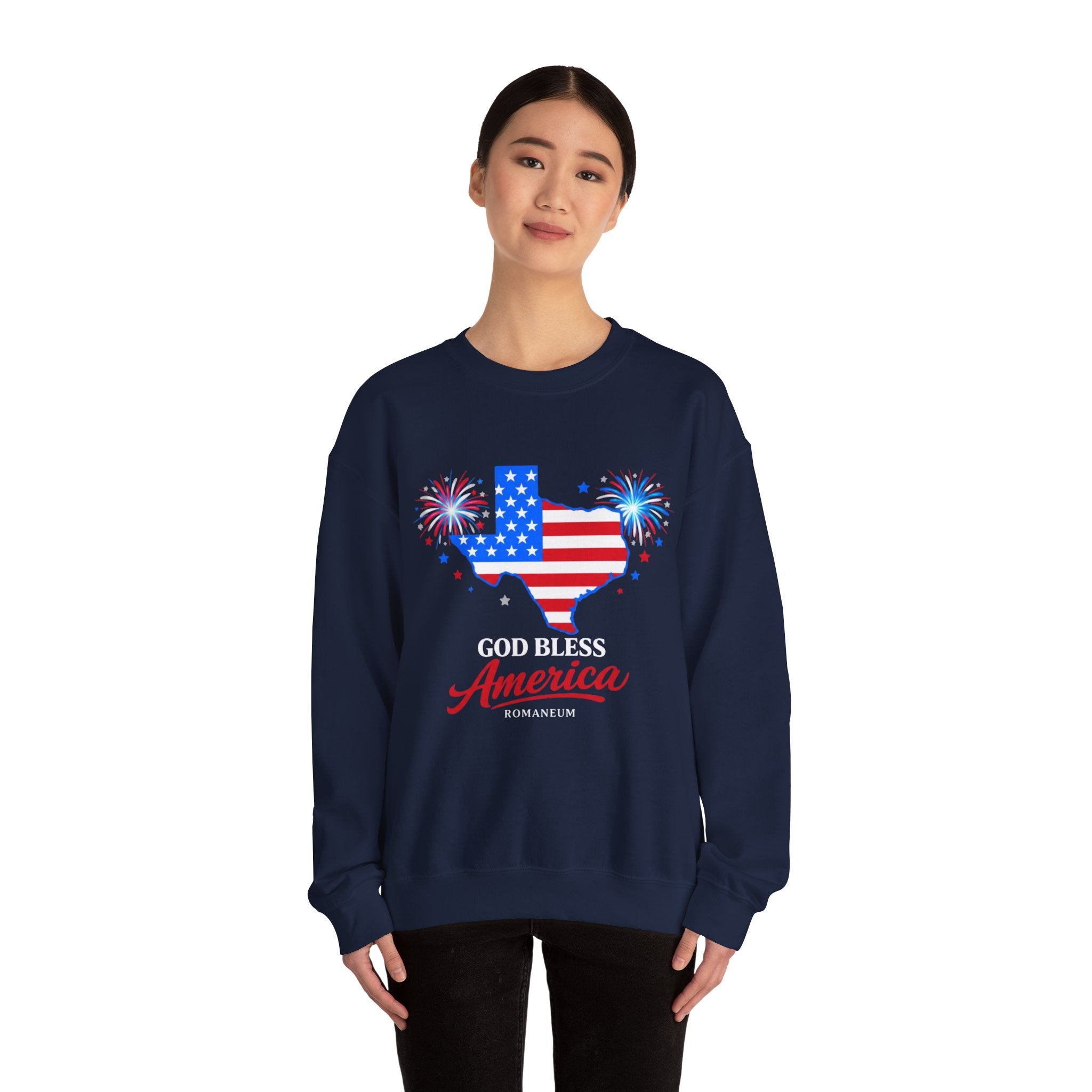 Romaneum God Bless America Flag Heart sweatshirt | Patriotic 4th of July crewneck