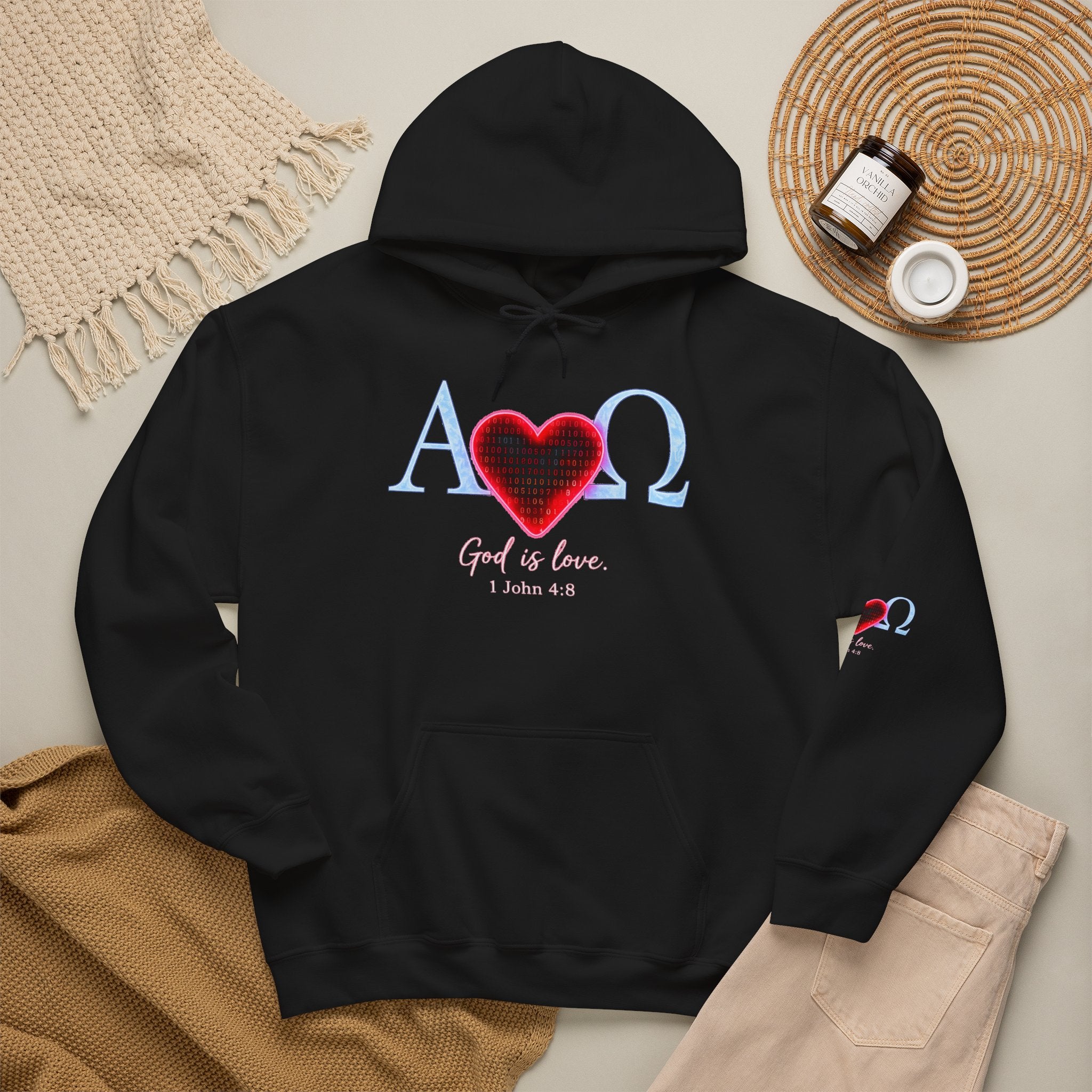 Romaneum Alpha Omega Heart Hoodie | God is Love 1 John 4:8 Christian Hoodie